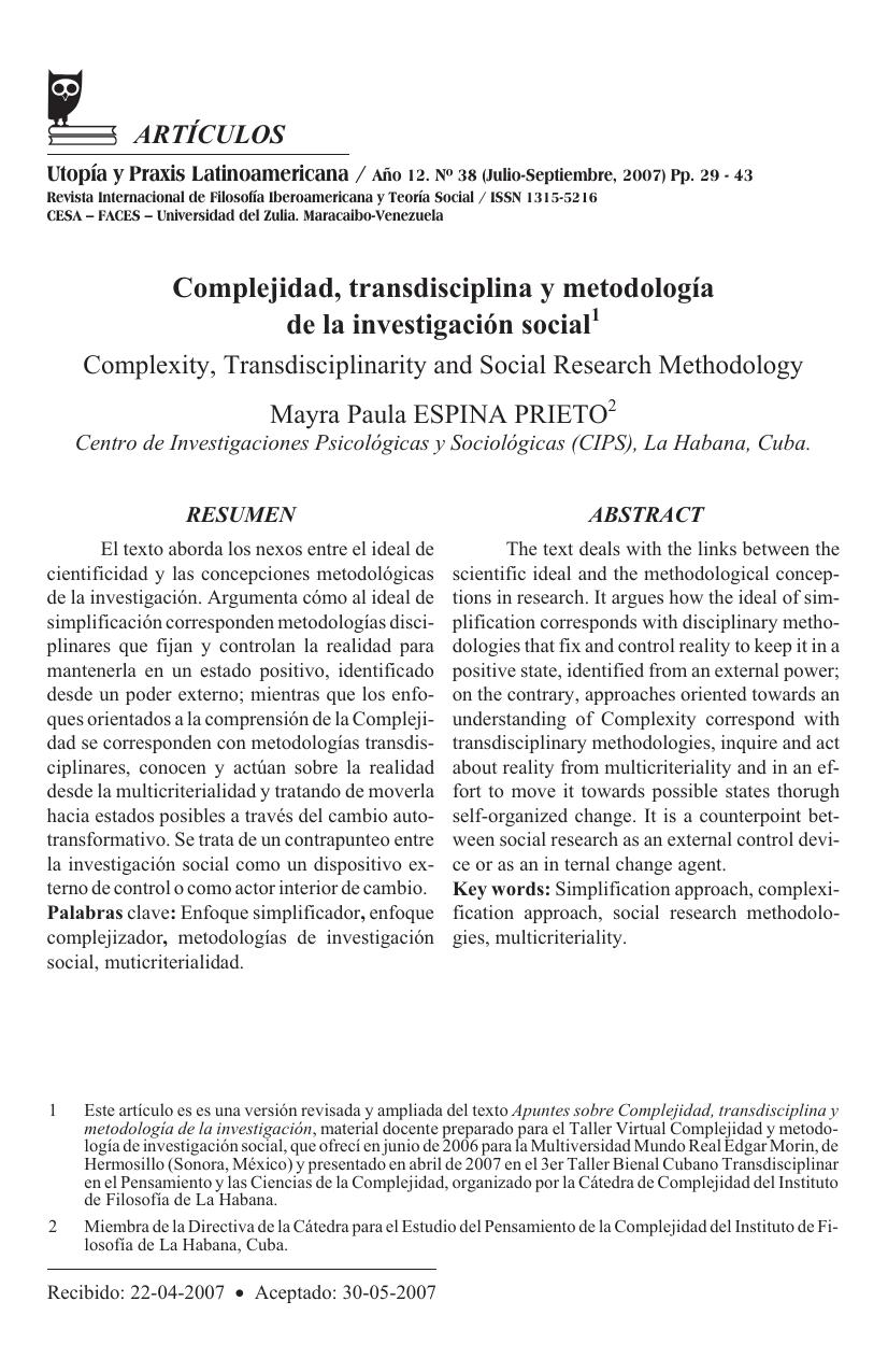 Complejidad, transdiciplina y metodologia de la investigacion social